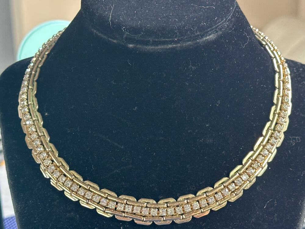 Vintage Kafin New York Signed Gold Tone Rhinestone Choker Collar Necklace 1950s